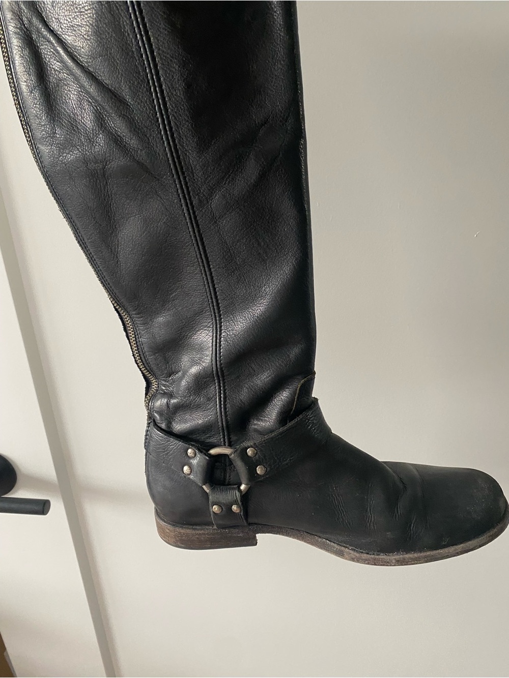 Frye Black Leather Knee-High Heeled Boots